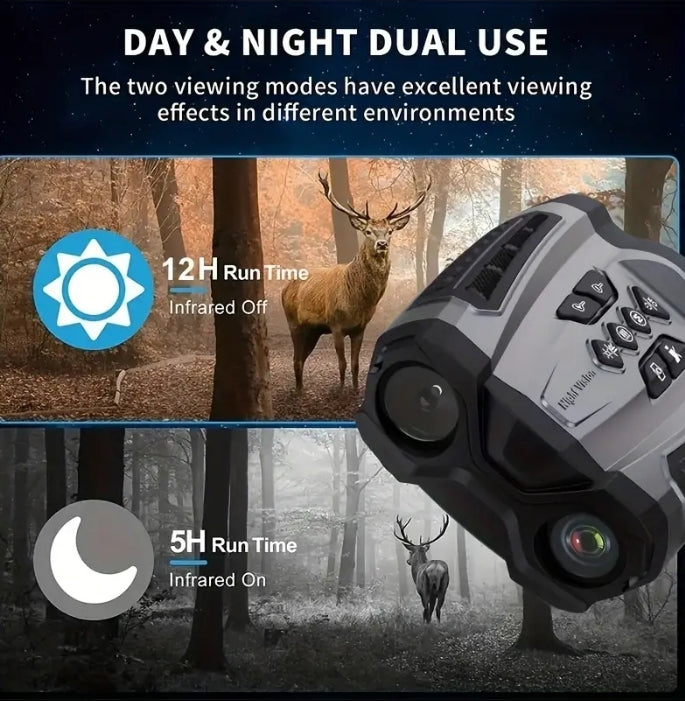 Black night vision binoculars with visible lens and control buttons.