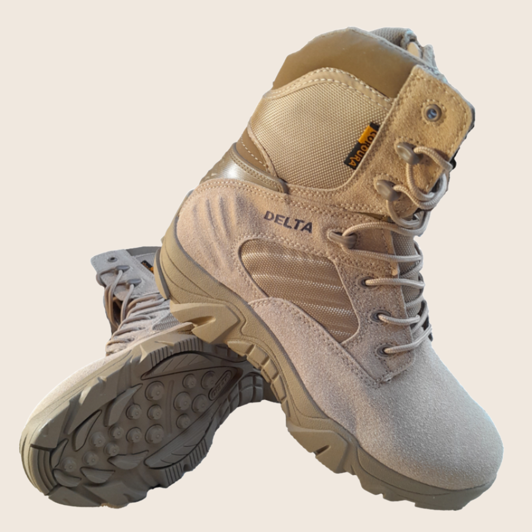 A pair of beige Delta brand high-tactical boots with side zipper and slip-resistant outer sole, designed for urban use.