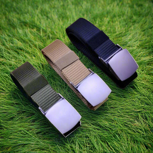 Three nylon belts with steel buckles in black, beige, and green colors.