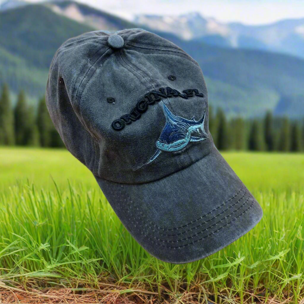 Black cap with a logo on a grassy field with mountains in the background