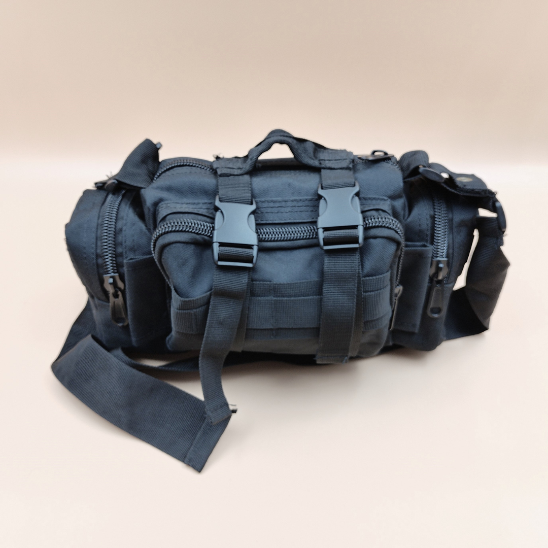 A 4 in 1 pouch with multiple carrying options shown in different colors being modeled by a person.