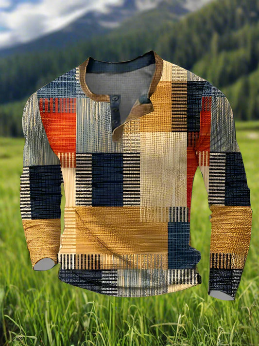 A long sleeve men's shirt with a geometric block print pattern in mixed colors, featuring a button-up front.