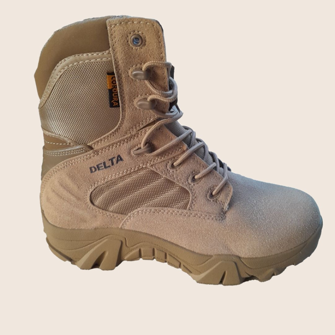 A pair of beige Delta brand high-tactical boots with side zipper and slip-resistant outer sole, designed for urban use.
