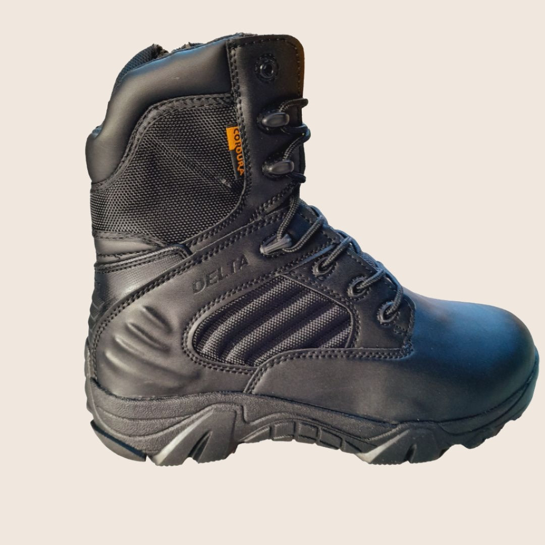 Black Delta brand high-tactical boots with side zipper and slip-resistant outer sole, designed for urban use.