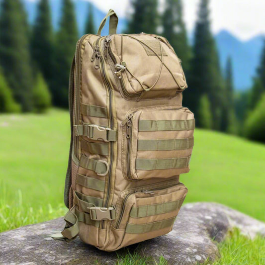 A beige 6 pocket bag with multiple compartments and shoulder straps.