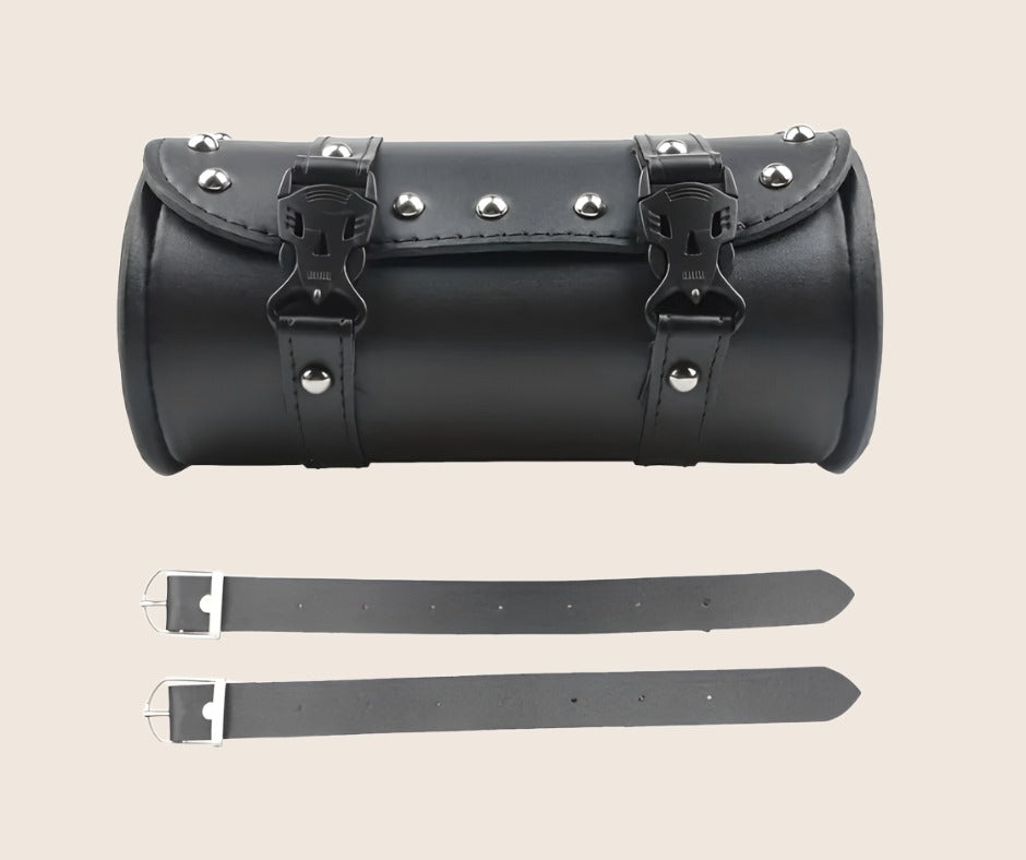 A black faux leather motorcycle handlebar bag with metal studs