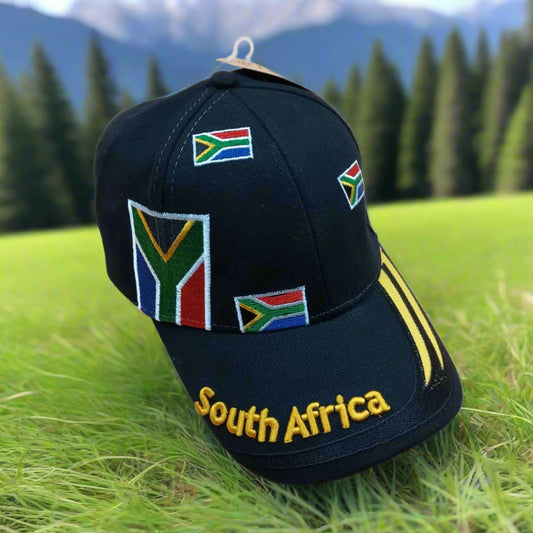 A green baseball cap with South Africa flag designs and the text 'South Africa' embroidered on it.