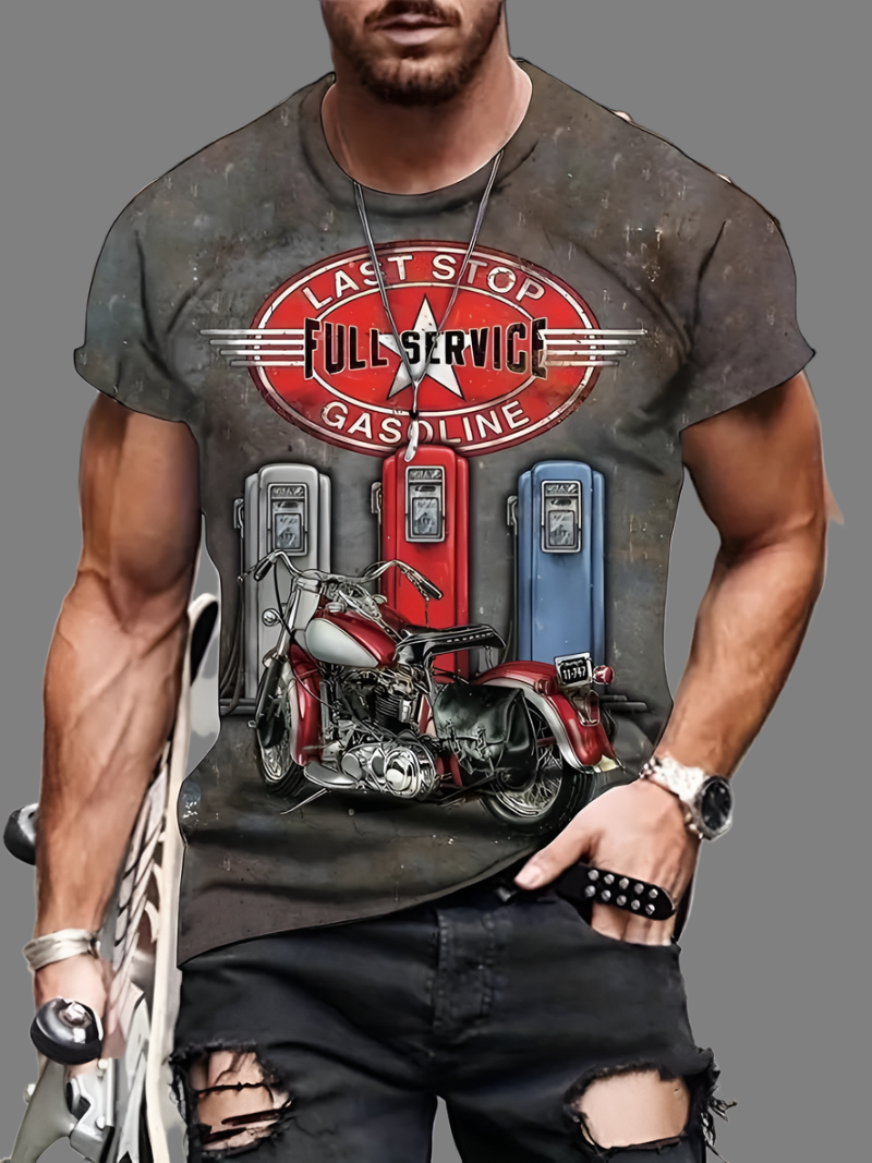 T shirt - motorcycle and 3 fuel pumps