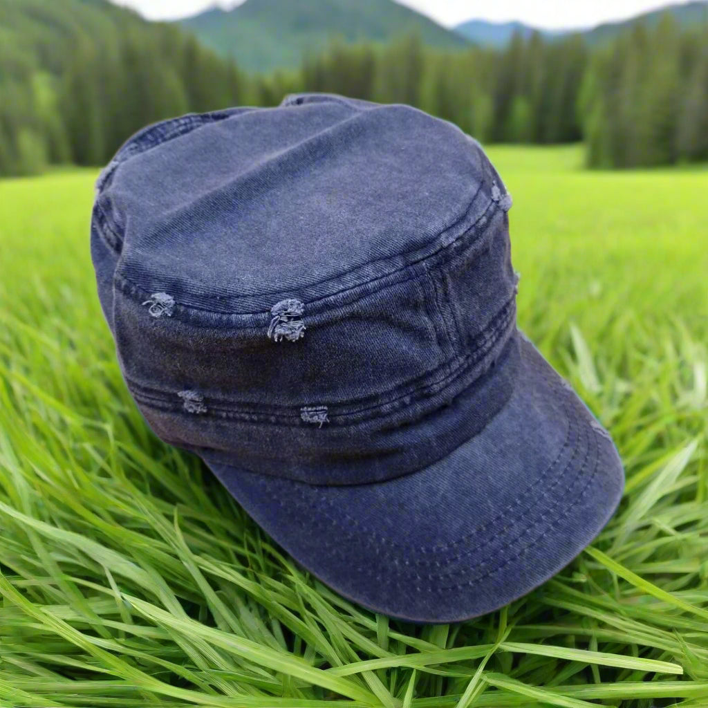 Blue denim cap on a beige background