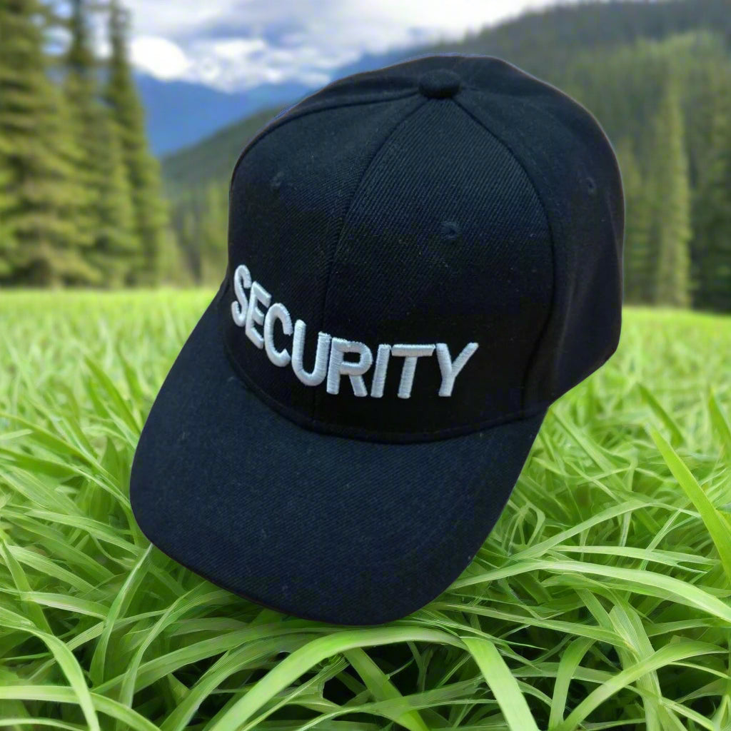 A black adjustable cap with the word 'SECURITY' printed in white on the front.