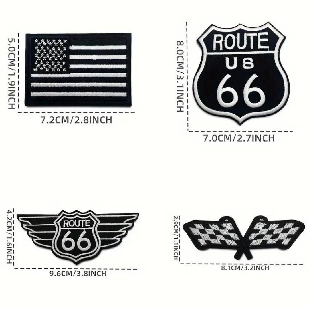 A set of four iron-on embroidery patches featuring a checkered butterfly, a US flag, and two different designs of a 'Route 66' shield.