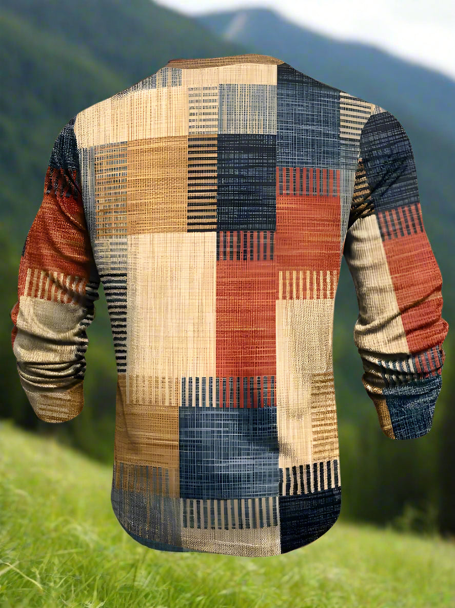 Patchwork shirt with a mountainous background