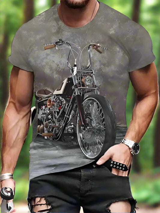 A man wearing a gray T-shirt with a graphic print of a chopper motorcycle.