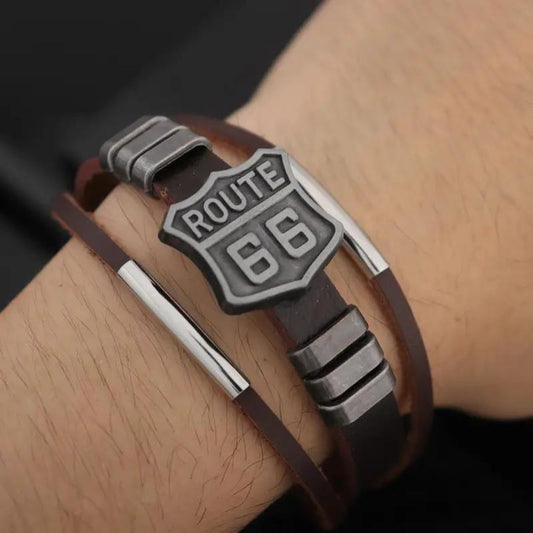 1 piece Vintage Route 66 PU Leather Bracelet For Men