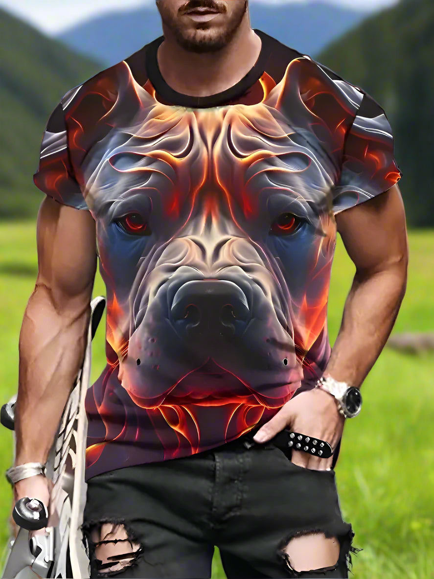 A man wearing a short-sleeved multicolored t-shirt with a dog face design.