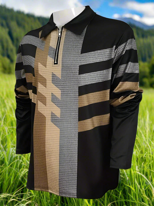 A man wearing a long sleeve gold and black striped shirt with a crew neckline