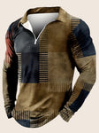 Block Pattern Retro Men's Long Sleeve Zipper Lapel Shirt brown and blue