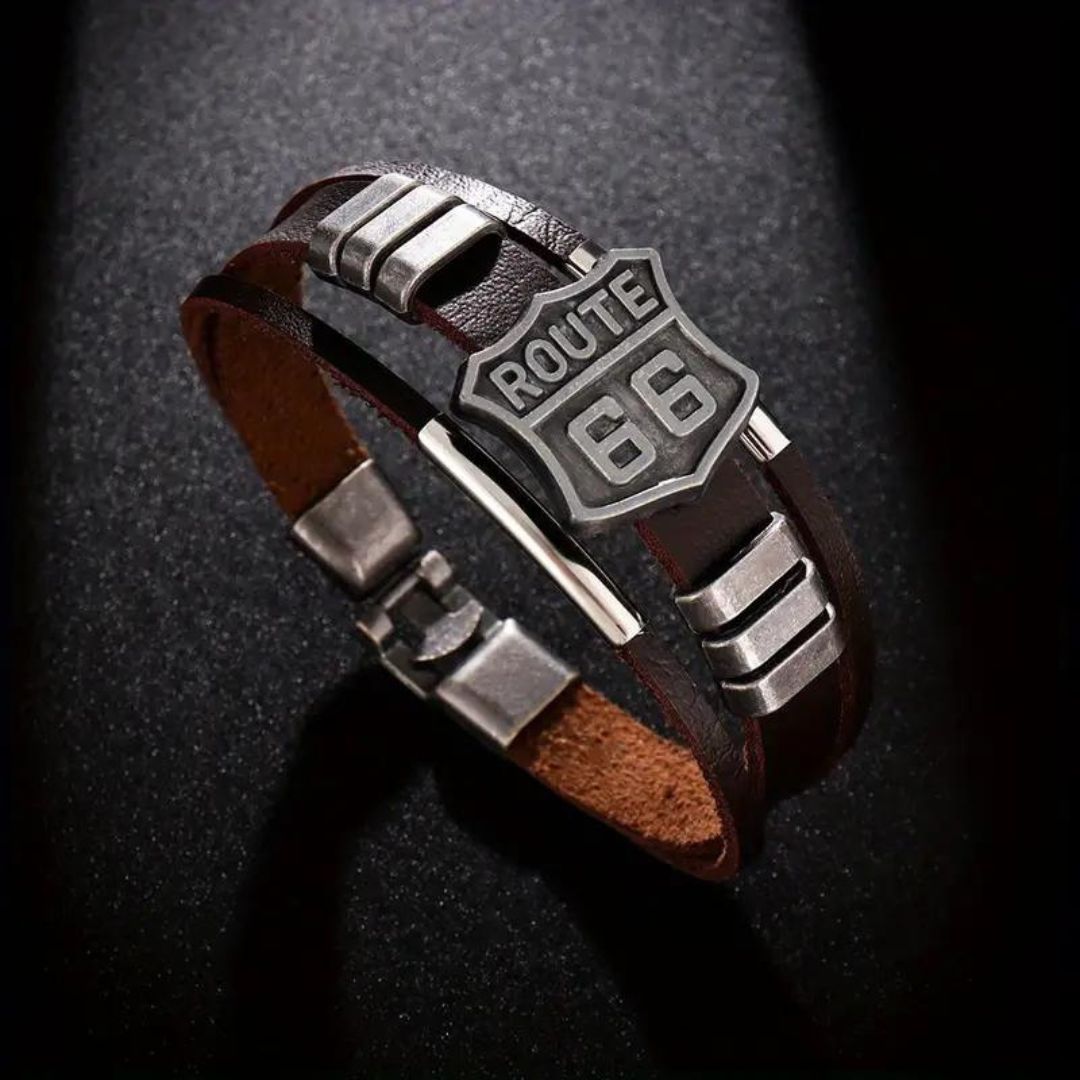 1 piece Vintage Route 66 PU Leather Bracelet For Men