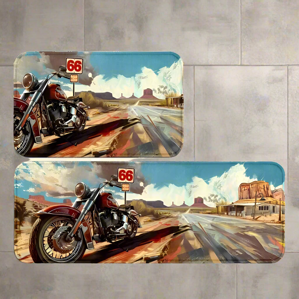 A set of two floor mats with a motorcycle and a road scene illustration.
