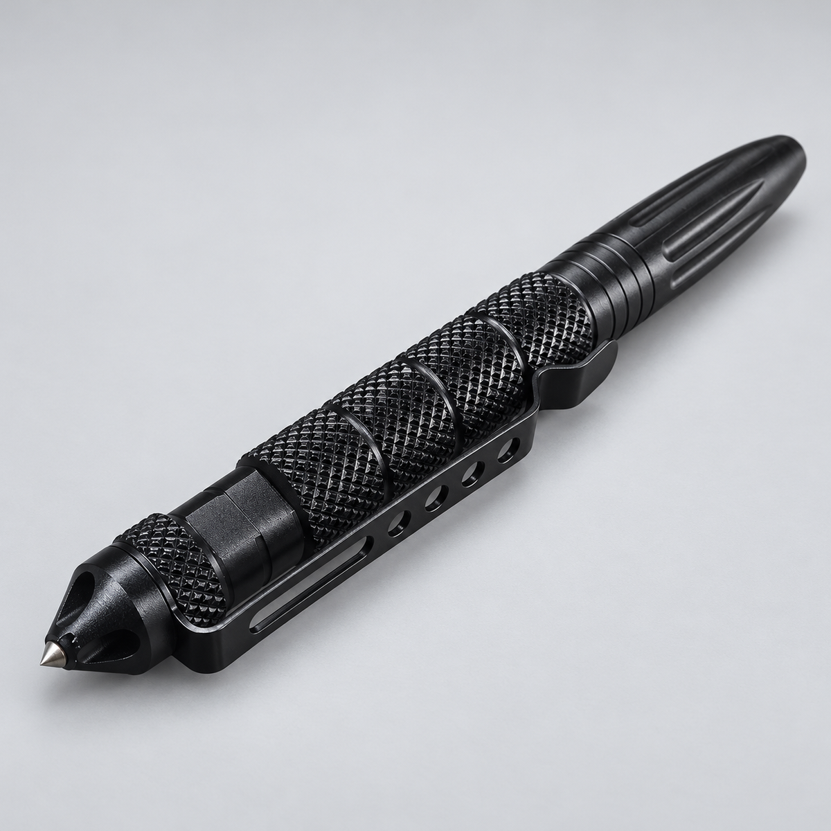 Black tactical pen rear angle