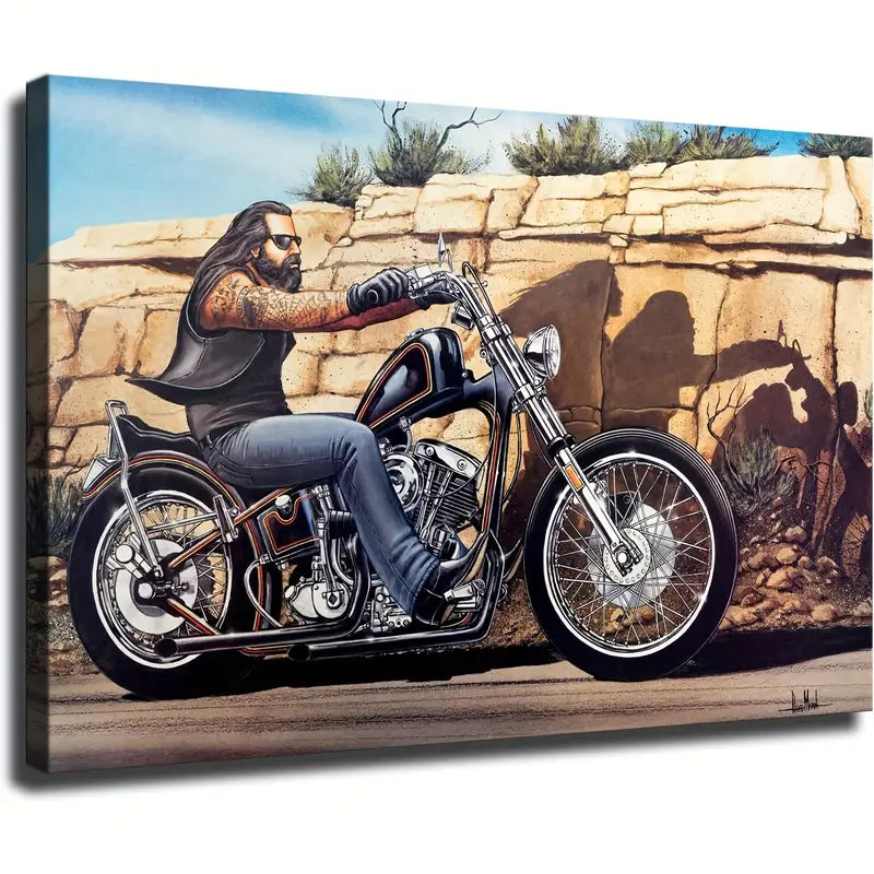 A canvas print of a color oil painting depicting a person riding a motorcycle. The image features a stylized art style with a clear sky, a rock formation in the background, and a focus on the motorcycle and the rider.