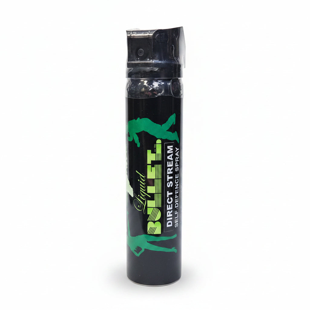 Black self-defense spray canister with green and white text on a white background liquid bullet