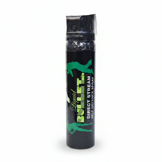 Black self-defense spray canister with green and white text on a white background liquid bullet