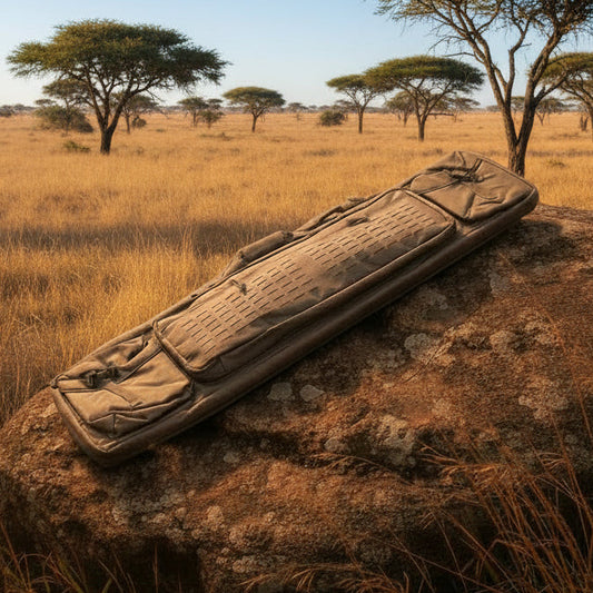 A rifle bag with scattered acacia trees in the background.