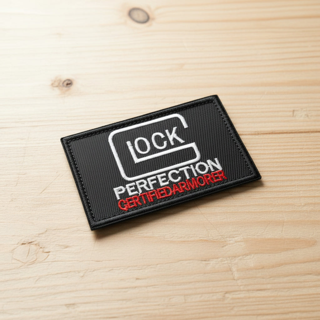 Patch with 'GLOCK PERFECTION CERTIFIED ARMORER' text on grass