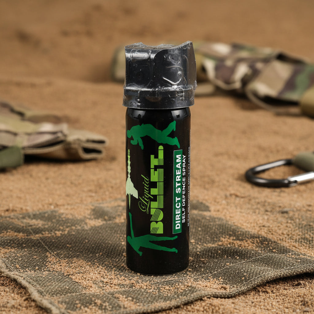 Black pepper spray with green logo liquid bullet