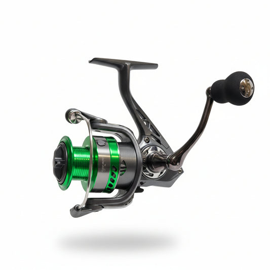Fishing reel with green spool on a white background