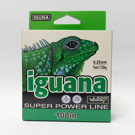 Packaging of Iguana super power line with green and white design on a gray background