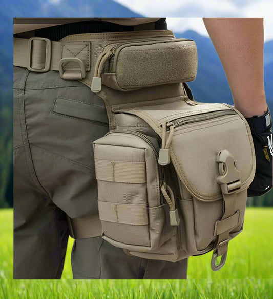 Tan tactical pouch attached to a person's waist with a white background