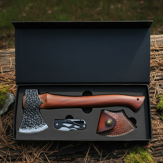 A gift set containing a hatchet with a textured gray and brown wooden handle, a folding knife, and a leather axe head cover, all neatly arranged in a black presentation box on a rustic log outdoors.