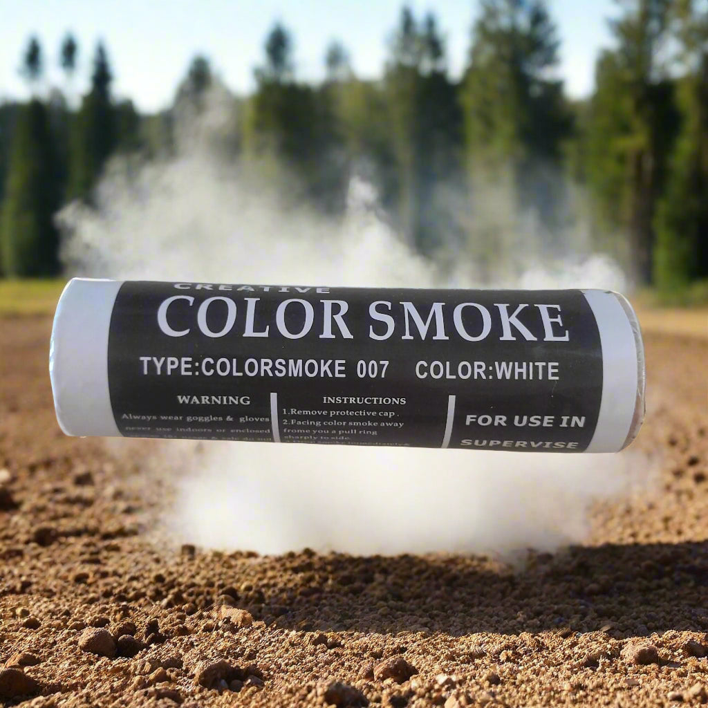 A series of six smoke grenades in different colors, each labeled with the brand 'Color Smoke'. The colors include green, blue, purple, yellow, and black.