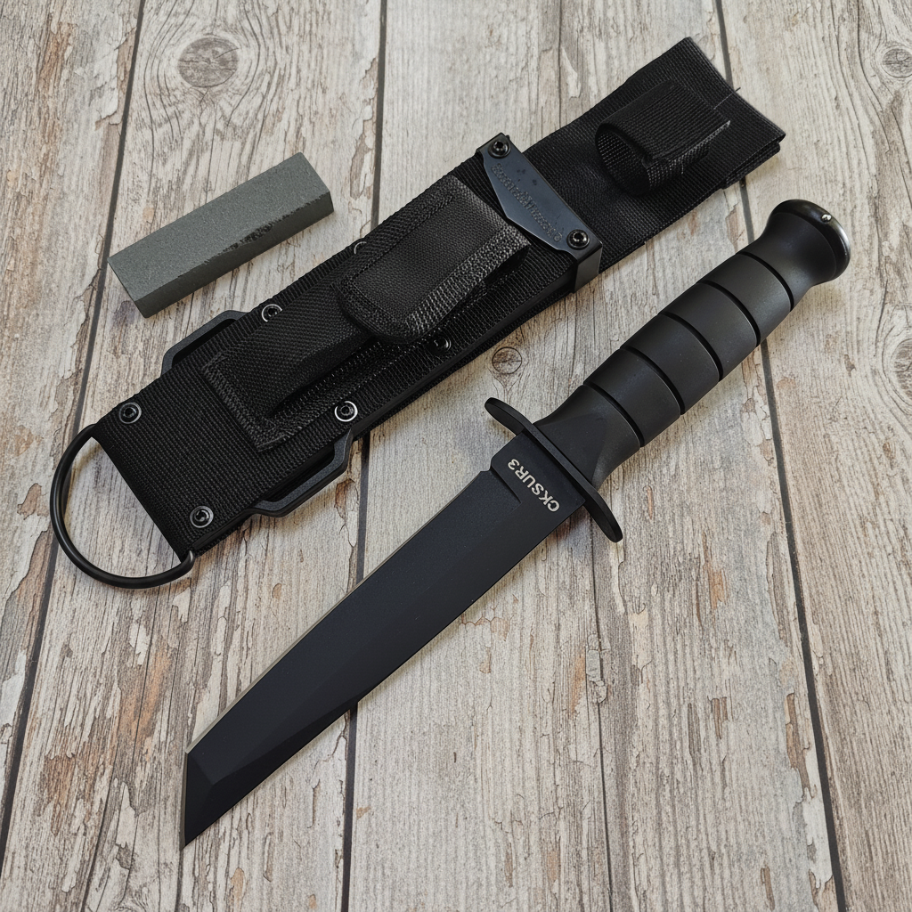 Black knife with sheath on a wooden surface