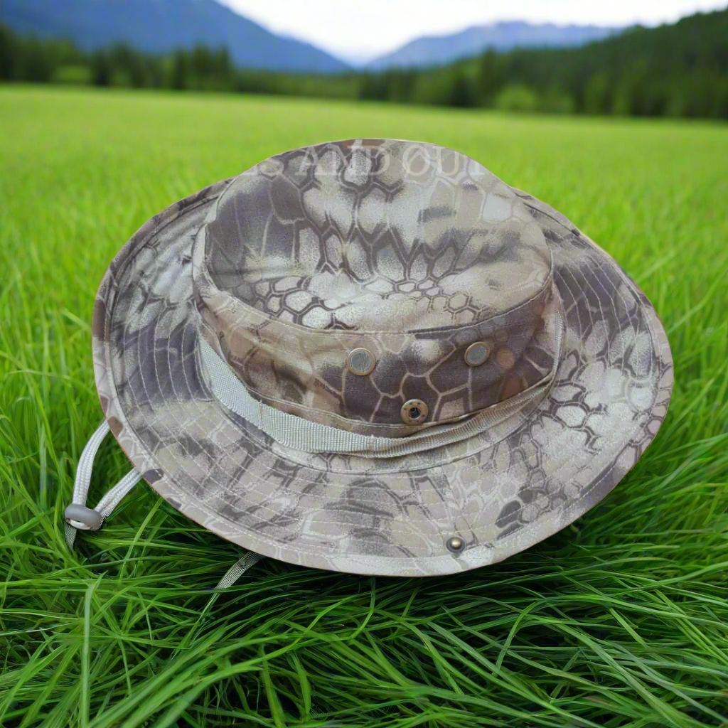 Camouflage-patterned bucket hat on a beige background
