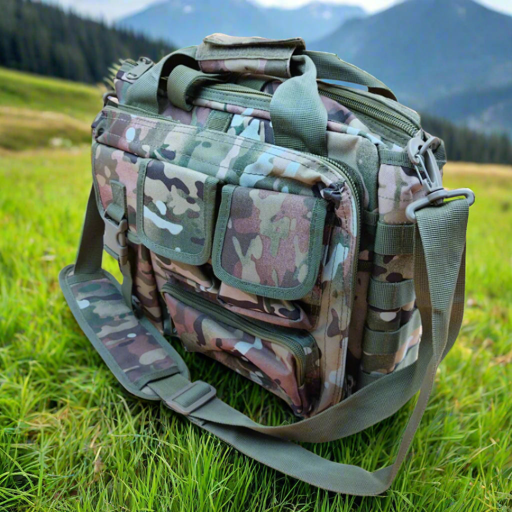 A camouflage laptop bag with multiple compartments and strong zips, designed for carrying a 15.6 inch laptop.