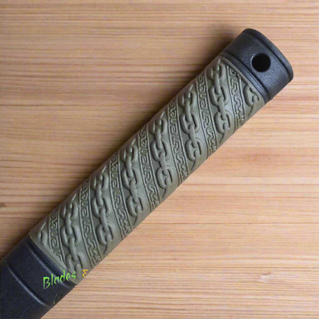 axe with green rubber handle
