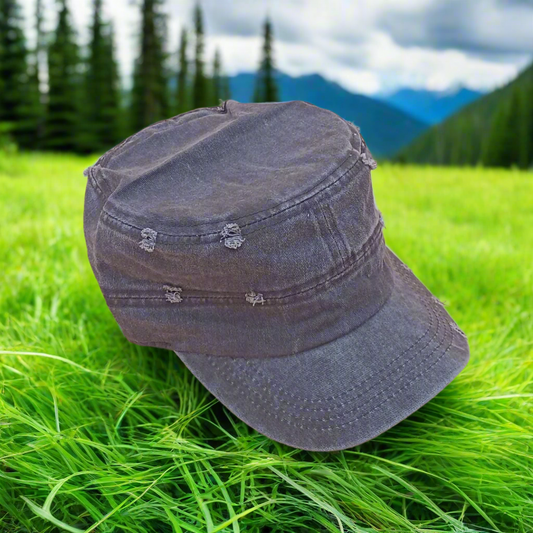 Brown denim cap on a beige background with 'Blades & Outdoor' logo.