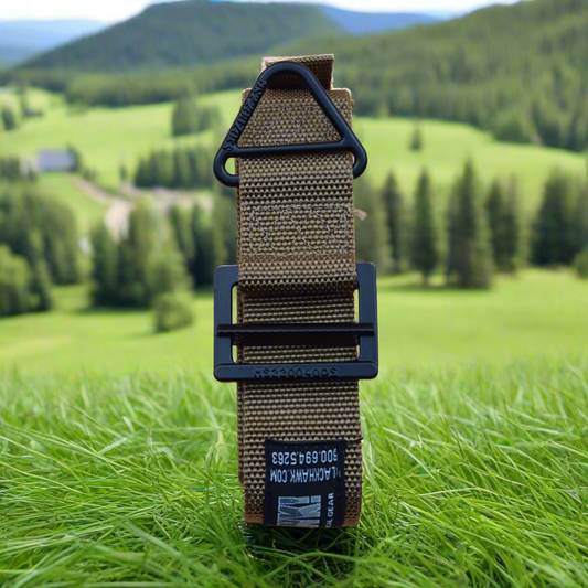 Three nylon belts with steel buckles, displayed in black, brown, and green colors, coiled and presented vertically.