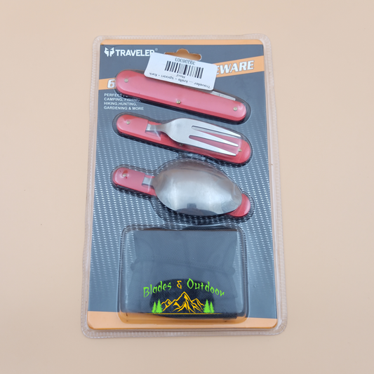 A set of camping cutlery including a knife, spoon, fork, can opener, bottle opener, and a slotted screwdriver, packaged in a clear plastic pouch with orange and green accents.