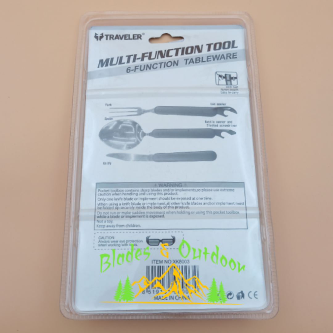 A set of camping cutlery including a knife, spoon, fork, can opener, bottle opener, and a slotted screwdriver, packaged in a clear plastic pouch with orange and green accents.