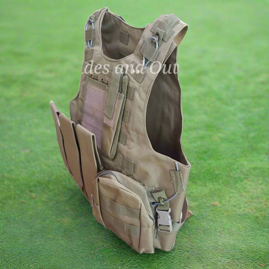 Tan tactical vest with multiple pockets and straps on a green background