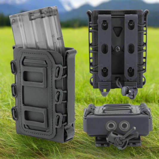A black adjustable magazine pouch for AR/AK style rifles.