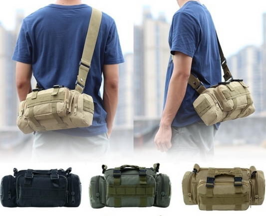 A 4 in 1 pouch with multiple carrying options displayed in different colors (black, green, tan). It shows the pouch being worn as a shoulder bag, waist pouch, and handbag.
