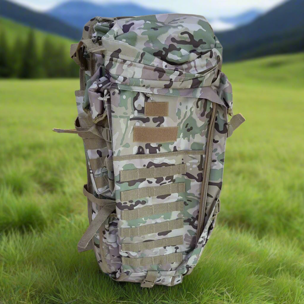 A hunting backpack in beige, green, and black colors, displayed from multiple angles showing the front, side, and back. The backpacks have multiple compartments and are equipped with adjustable straps.