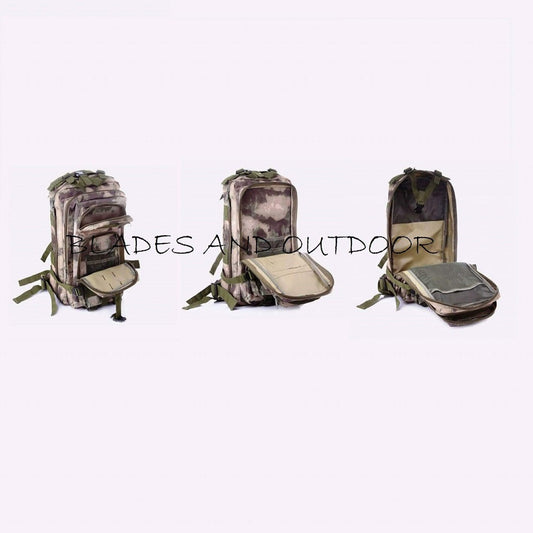 30 litre backpack with strong zips and molle webbing, designed to hold laptops, books, water bottles, and a bladder.