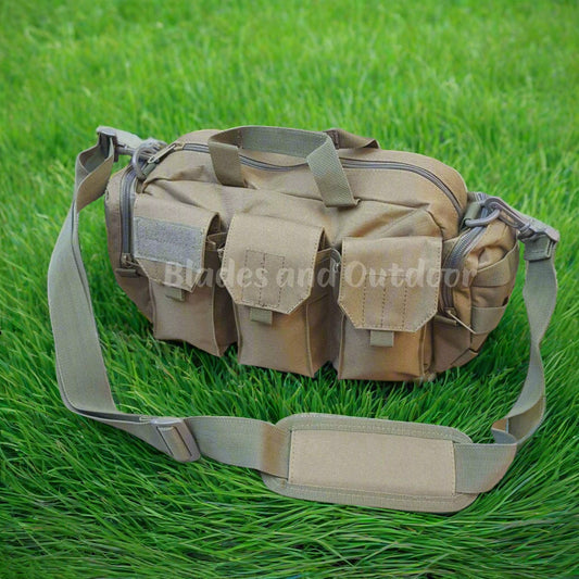 Tactical pouch with multiple pockets on a textured fabric background