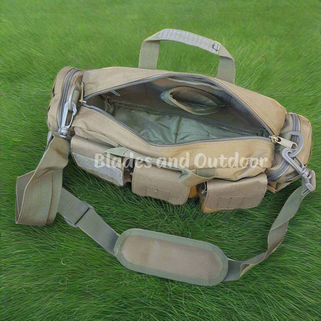 Tan tactical pouch on a grassy background with 'Blades and Outdoor' branding.